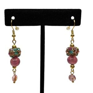 VTG Style Rhinestone Crystal Cluster Pink Glass Bead Dangle Earrings Gold Tone